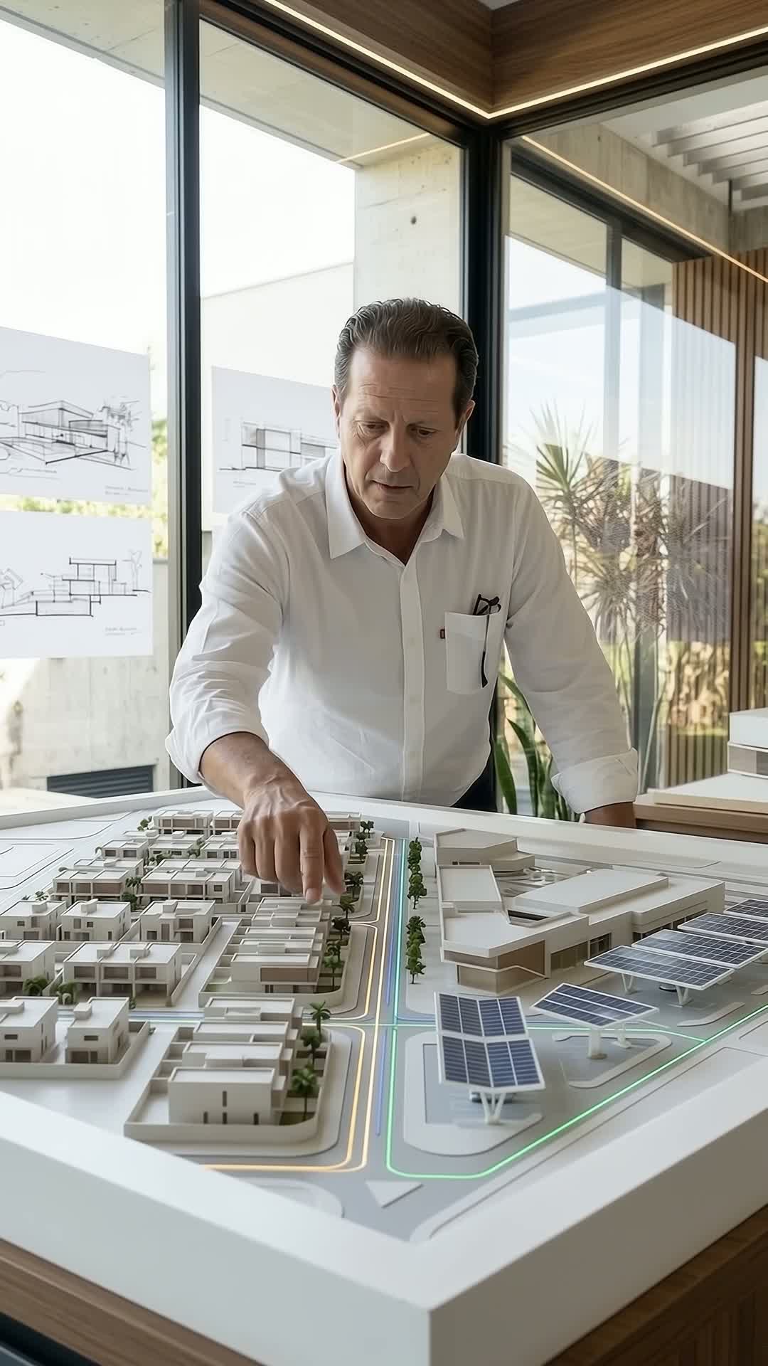 Engenheiro analisando uma maquete de empreendimento com sistemas de energia integrados